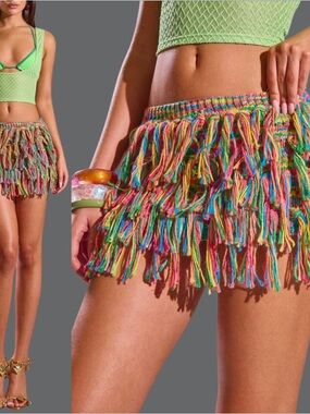 Multicolor Fringe Knit Mini Skirt